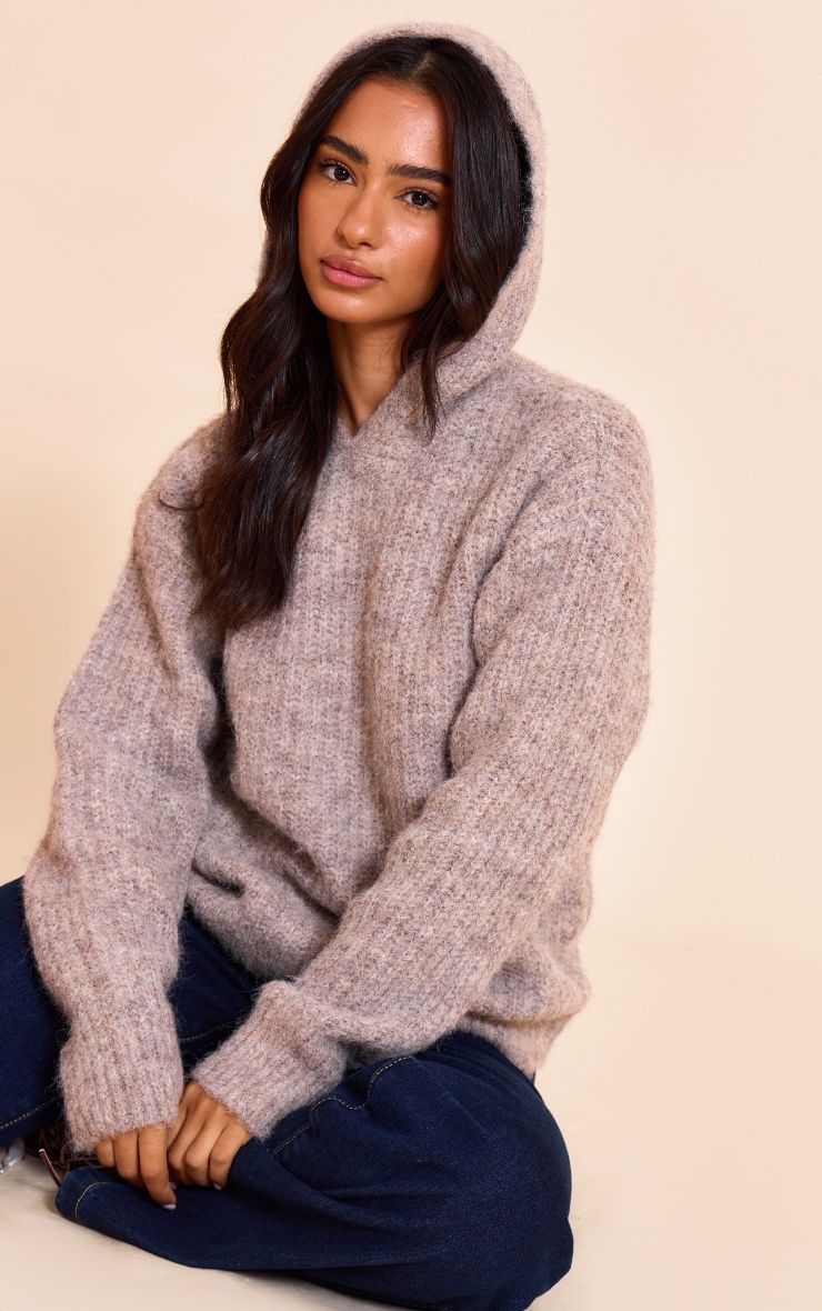 Petite Hoodie en maille tricot côtelée taupe image 1
