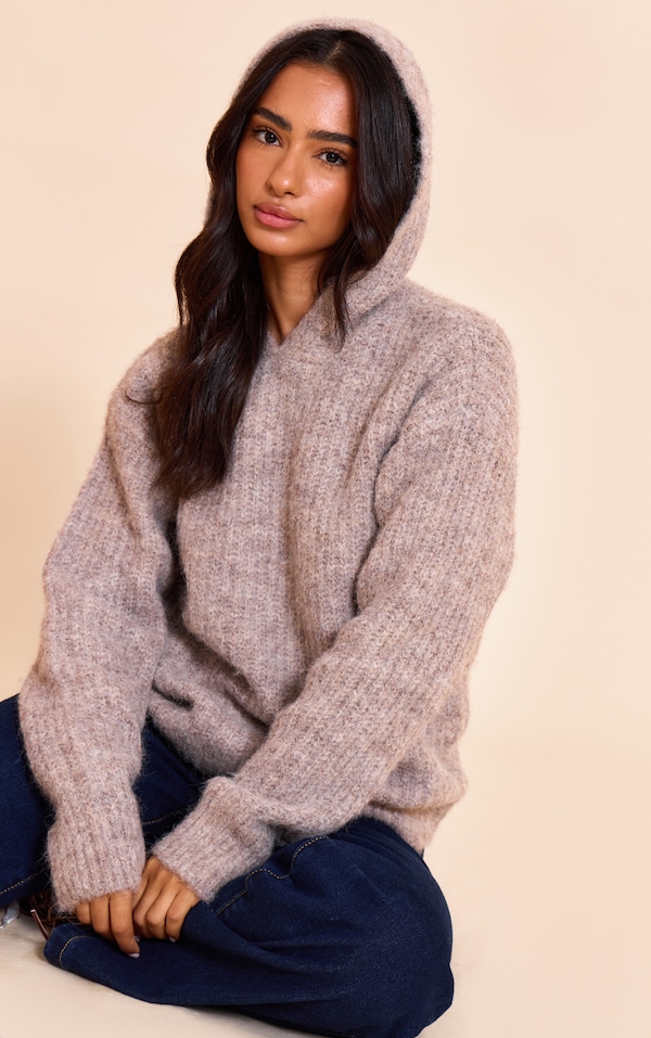 Petite Hoodie en maille tricot côtelée taupe