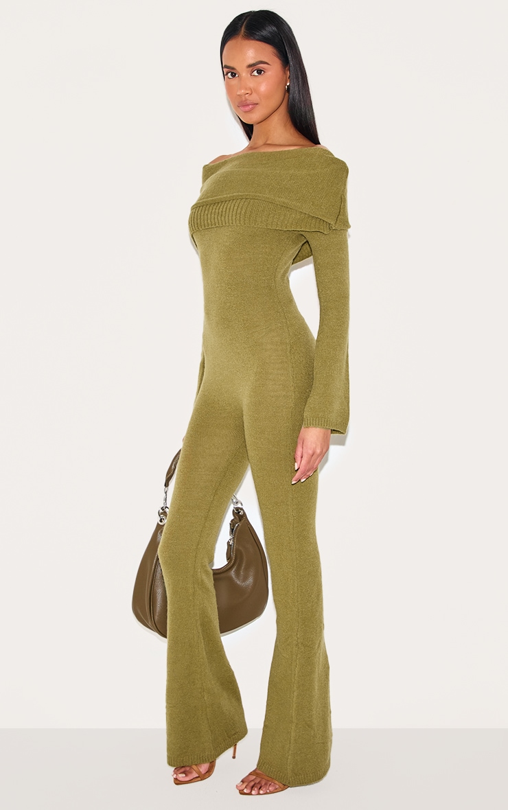 Olive Soft Knit Bardot Foldover Asymmetric Neck Jumpsuit image 3