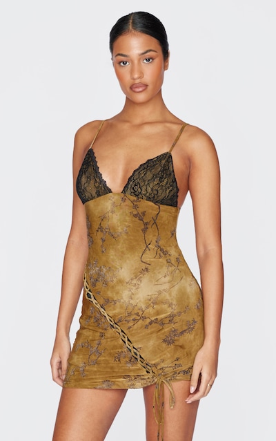 Tall Green Devore Lace Up Detail Mini Dress