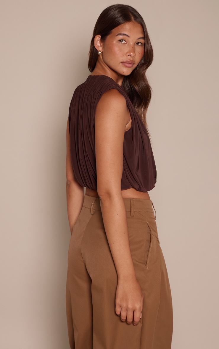 Chocolate Slinky Bubble Hem Shoulder Detail Top image 2