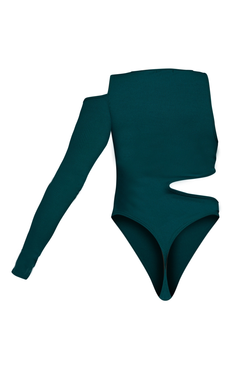 Pine Green Asymmetric Rib Cut Out One Shoulder Bodysuit image 6