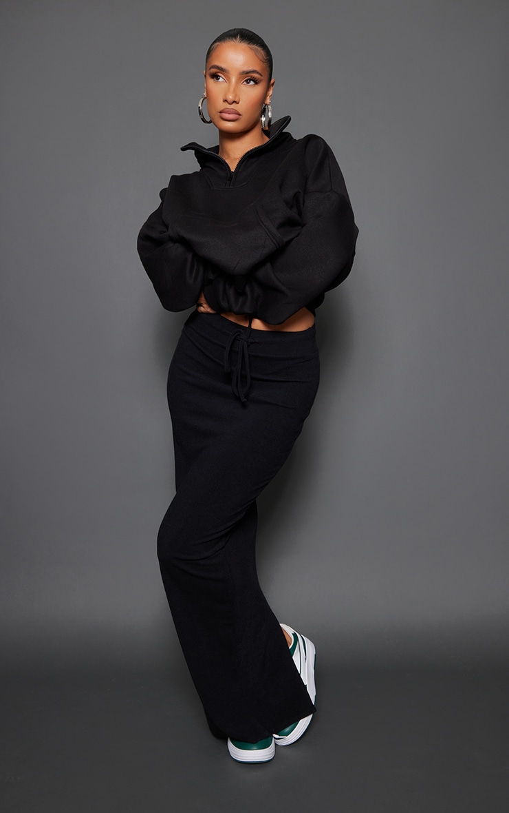 Black Rib Drawstring Waist Maxi Skirt image 1