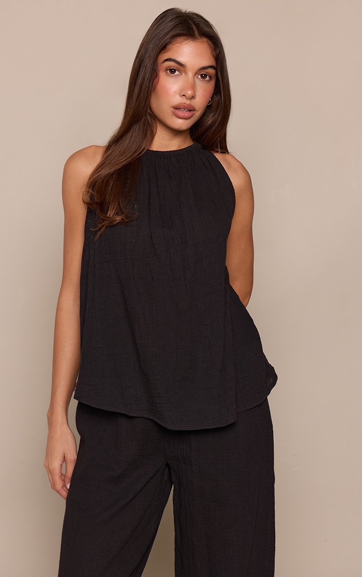 Black Textured Linen Look Loose Top