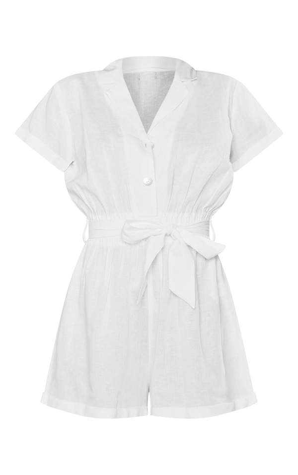 Cream Linen Look Button Up Tie Waist Playsuit PrettyLittleThing