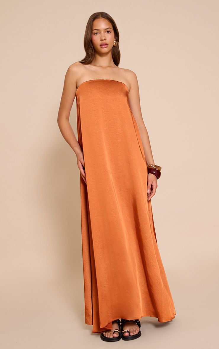Rust Textured Satin Bandeau Column Dress image 1
