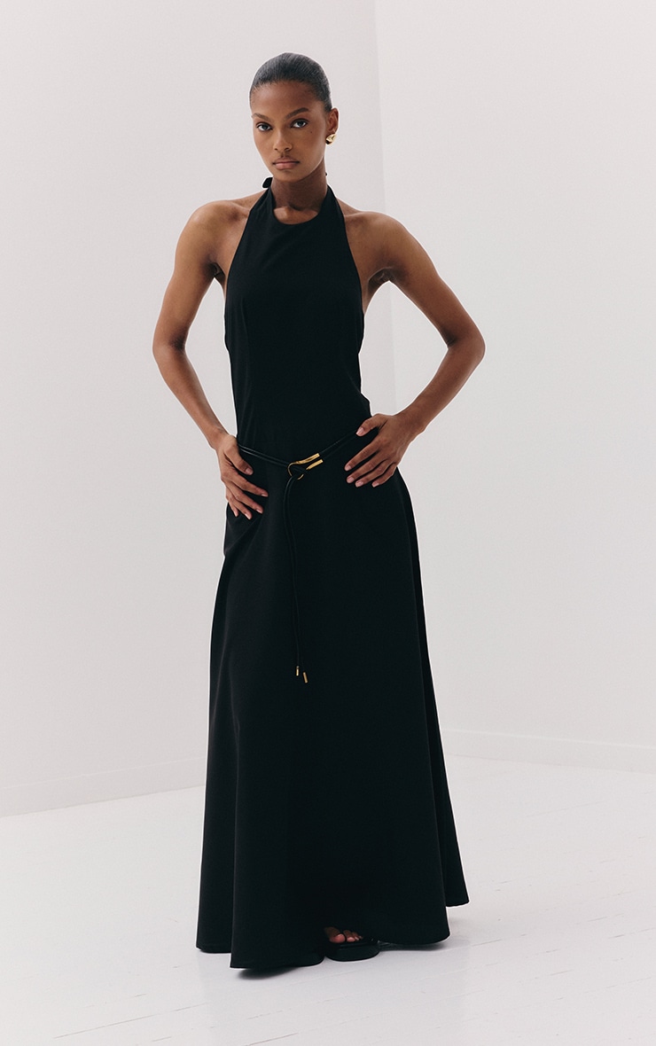Black Tailored Halterneck Maxi Dress image 3