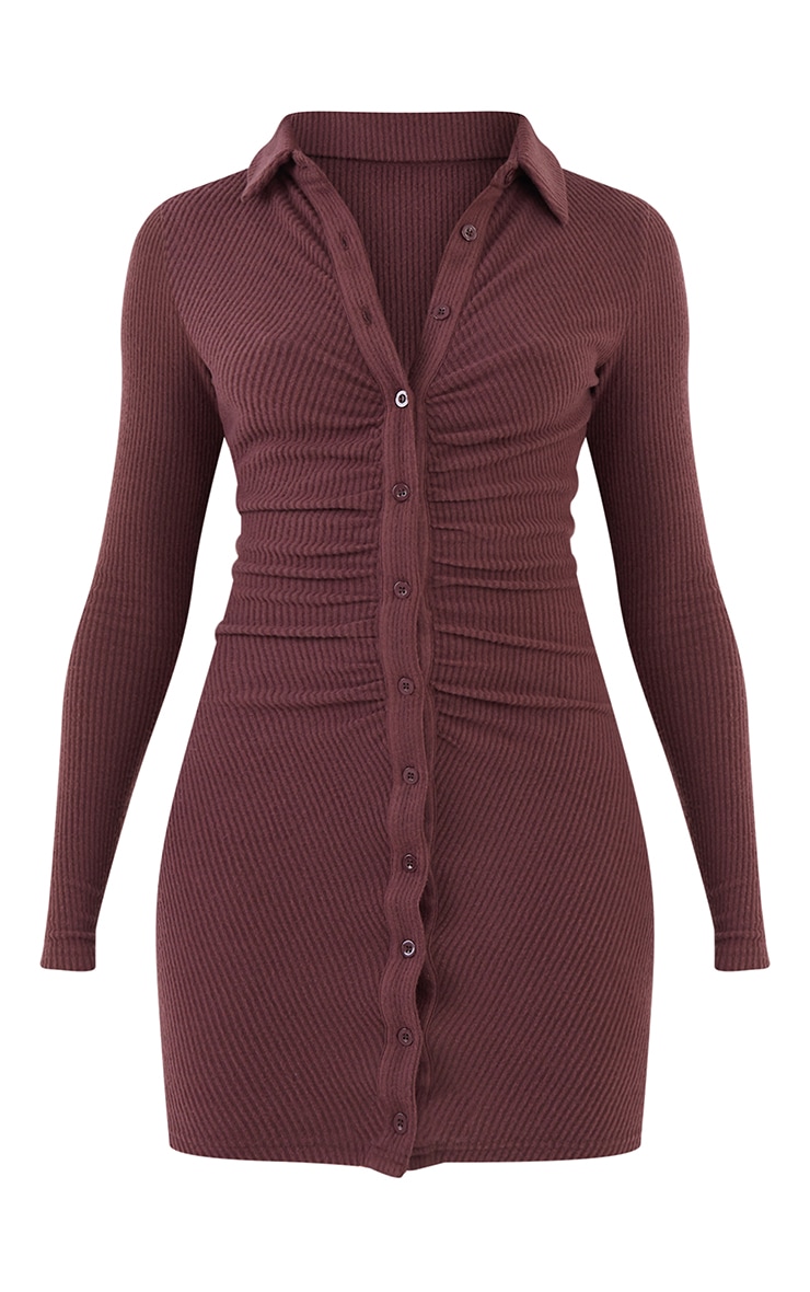 Chocolate Brushed Rib Long Sleeve Ruched Shirt Dress image 6