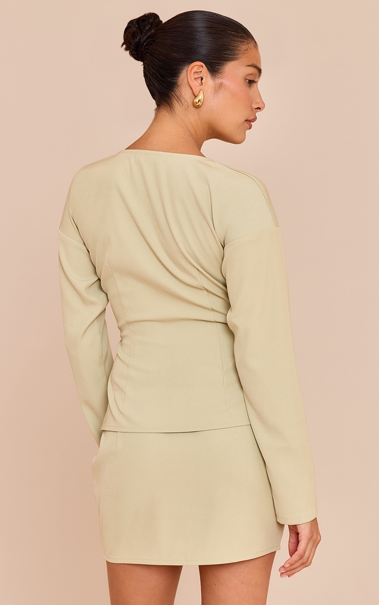 Petite Soft Olive Collarless Hook And Eye Cinched Waist Long Top image 2