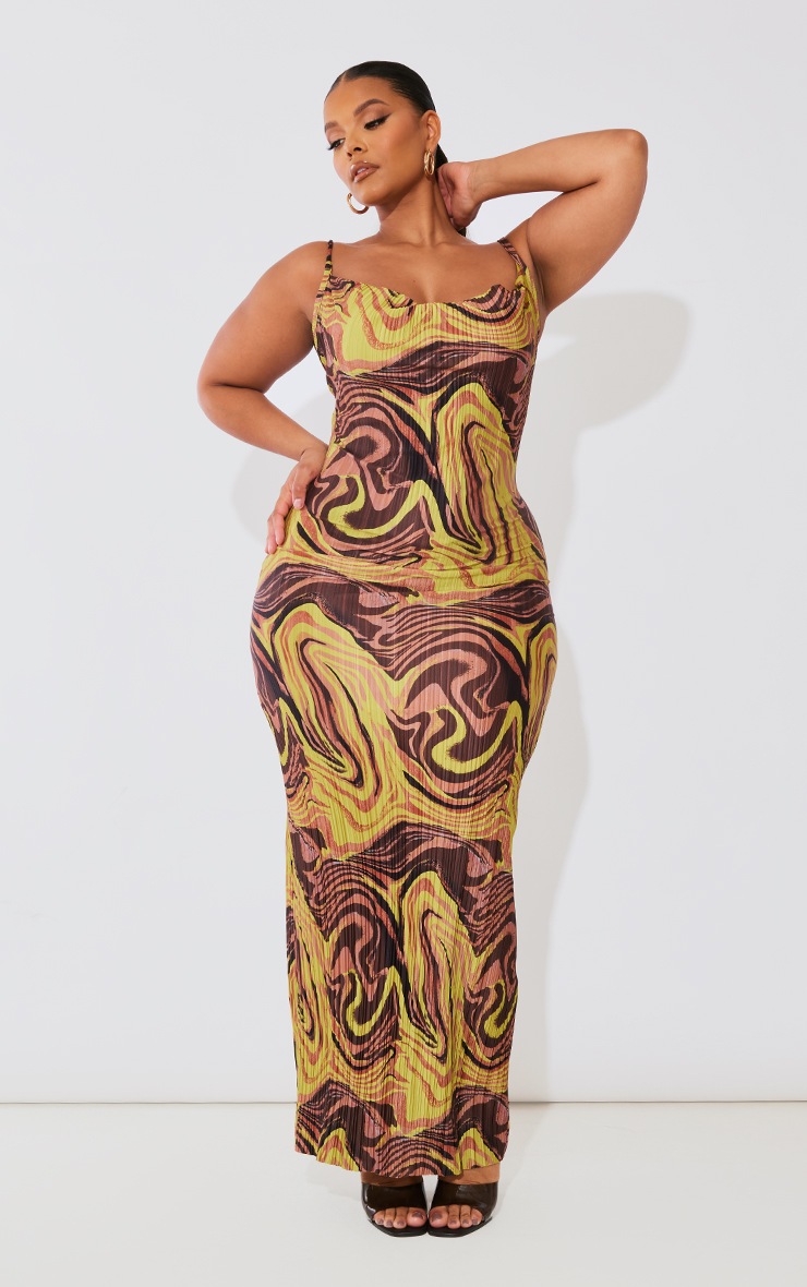 Plus Green Swirl Printed Plisse Cowl Neck Maxi Dress image 3