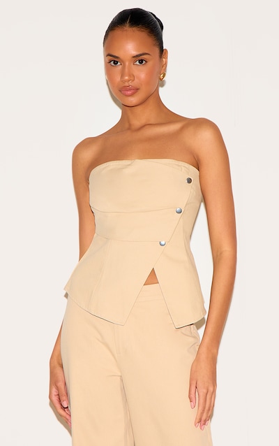 Top bustier en maille sergée gris pierre à détail replié