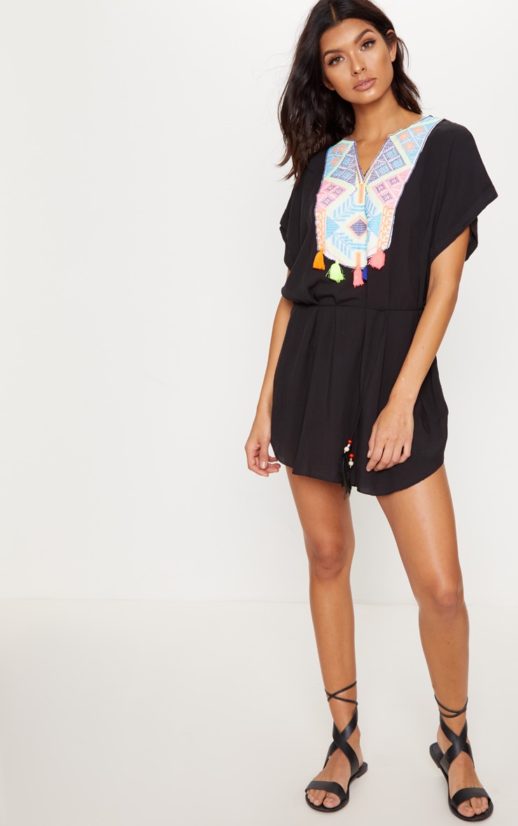 Black Embroidered Front Tassel Trim Shift Dress image 1