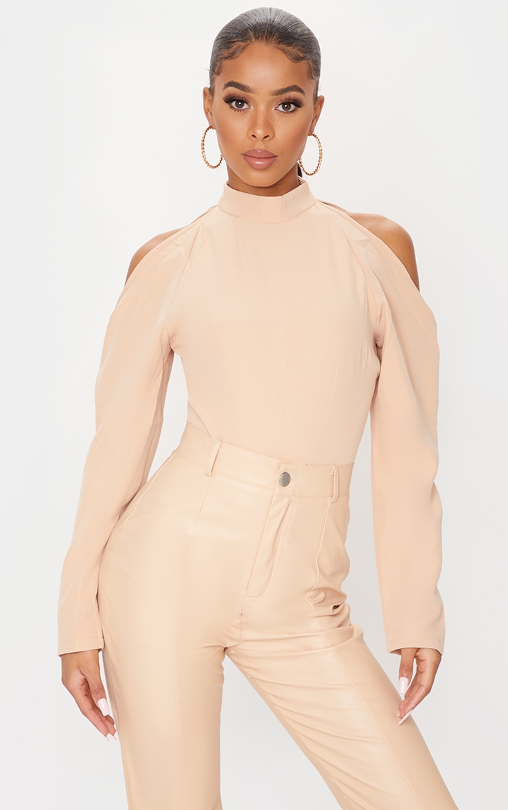 Nude Woven Cold Shoulder High Neck Bodysuit