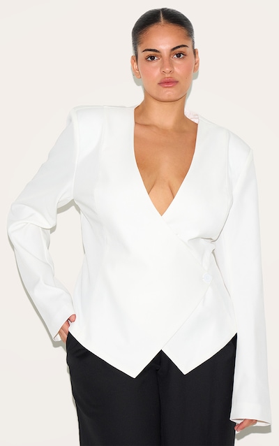 Plus Cream Tailored Cinched Woven Asymmetric Blazer