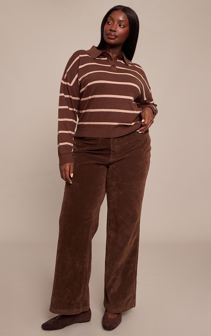 Plus Chocolate Stripe Polo Knit Long Sleeve Rugby Top image 3
