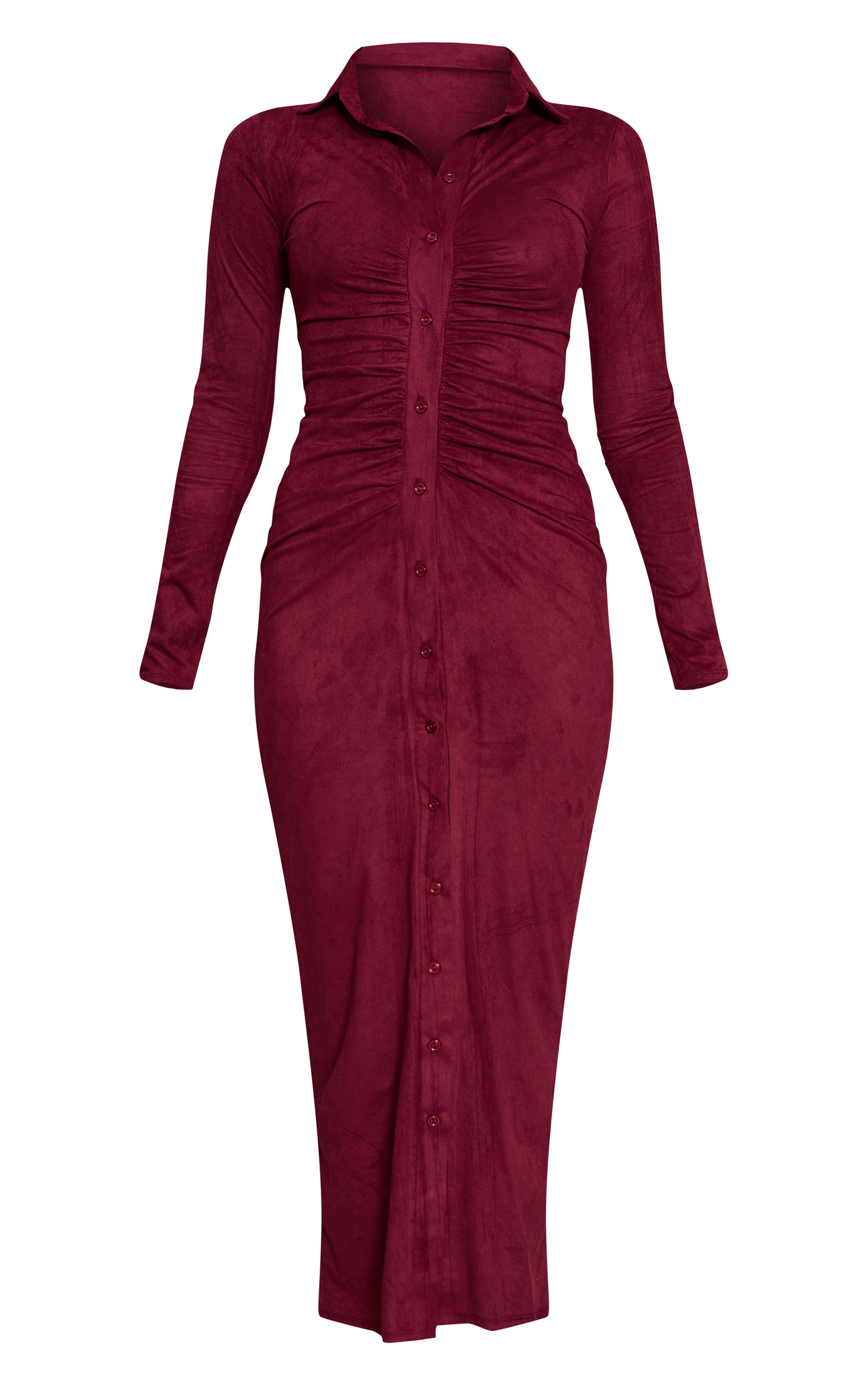 Wine Faux Suede Long Sleeve Ruched Button up Maxi Dress image 5