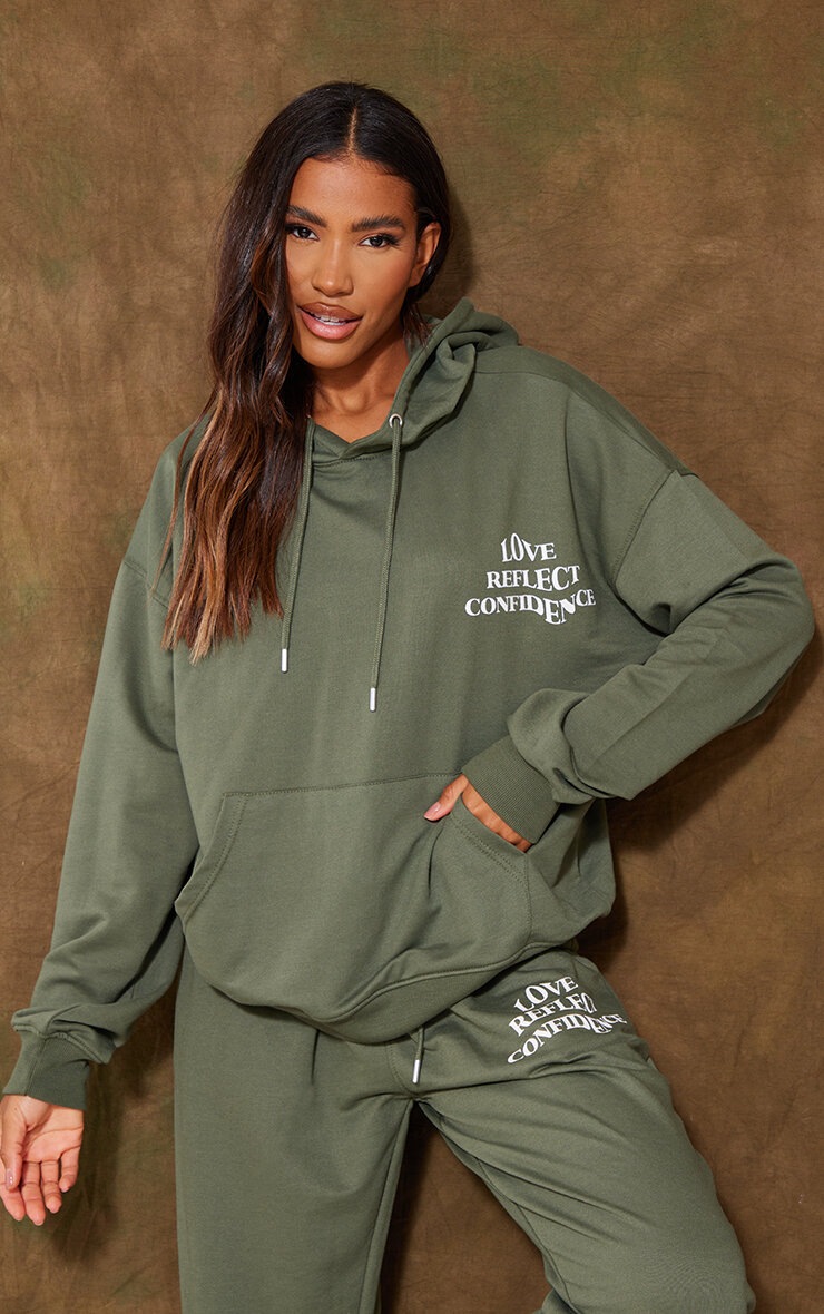 Moss Khaki Love Reflect Confidence Slogan Print Oversized Track Pants image 4