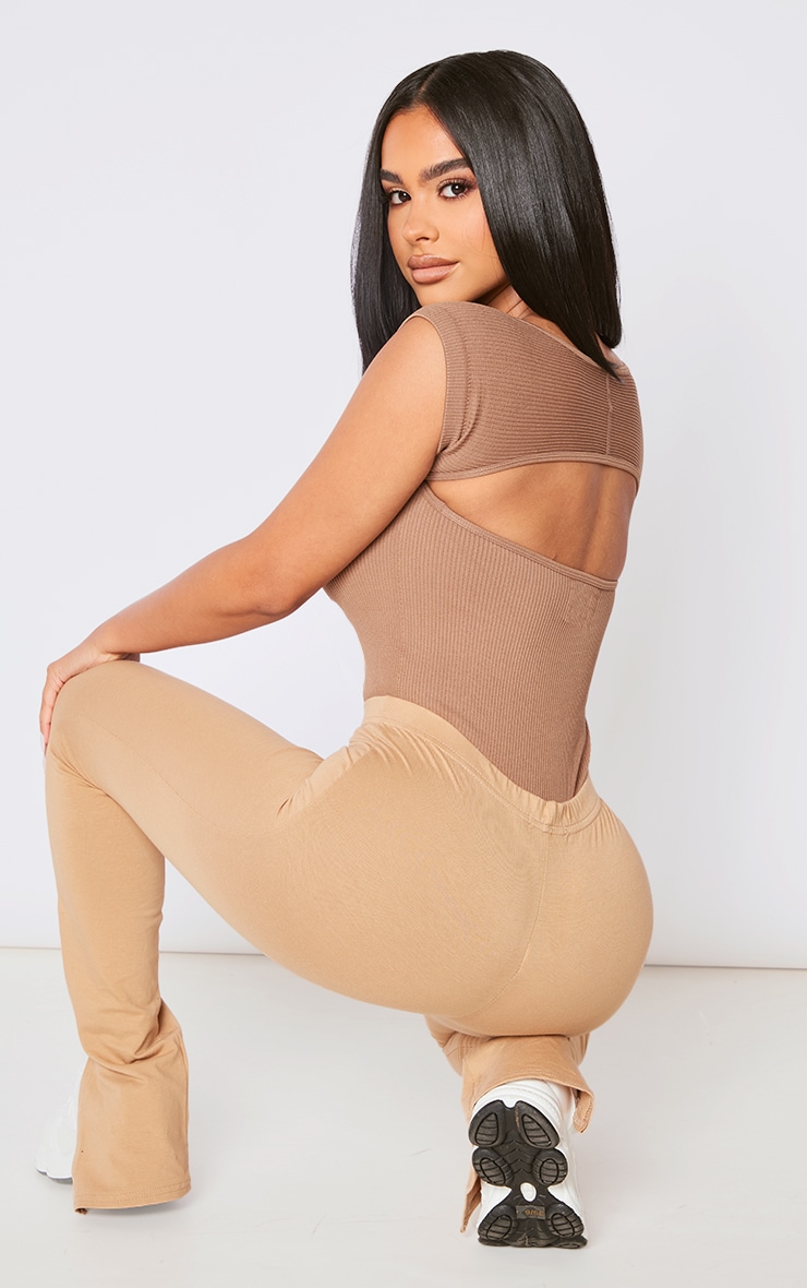 Petite Brown Rib Cut Out Short Sleeve Bodysuit