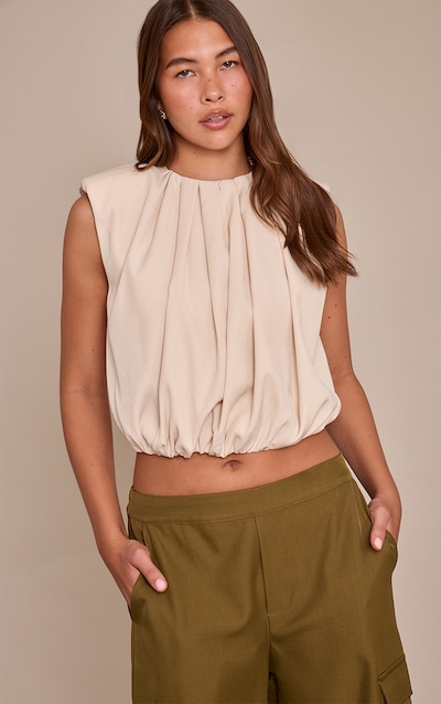 Beige Woven Pleated Bubble Hem Top