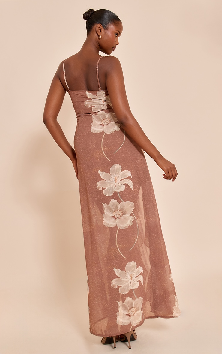 Taupe Floral Chiffon Frill Plunge Strappy Maxi Dress image 2