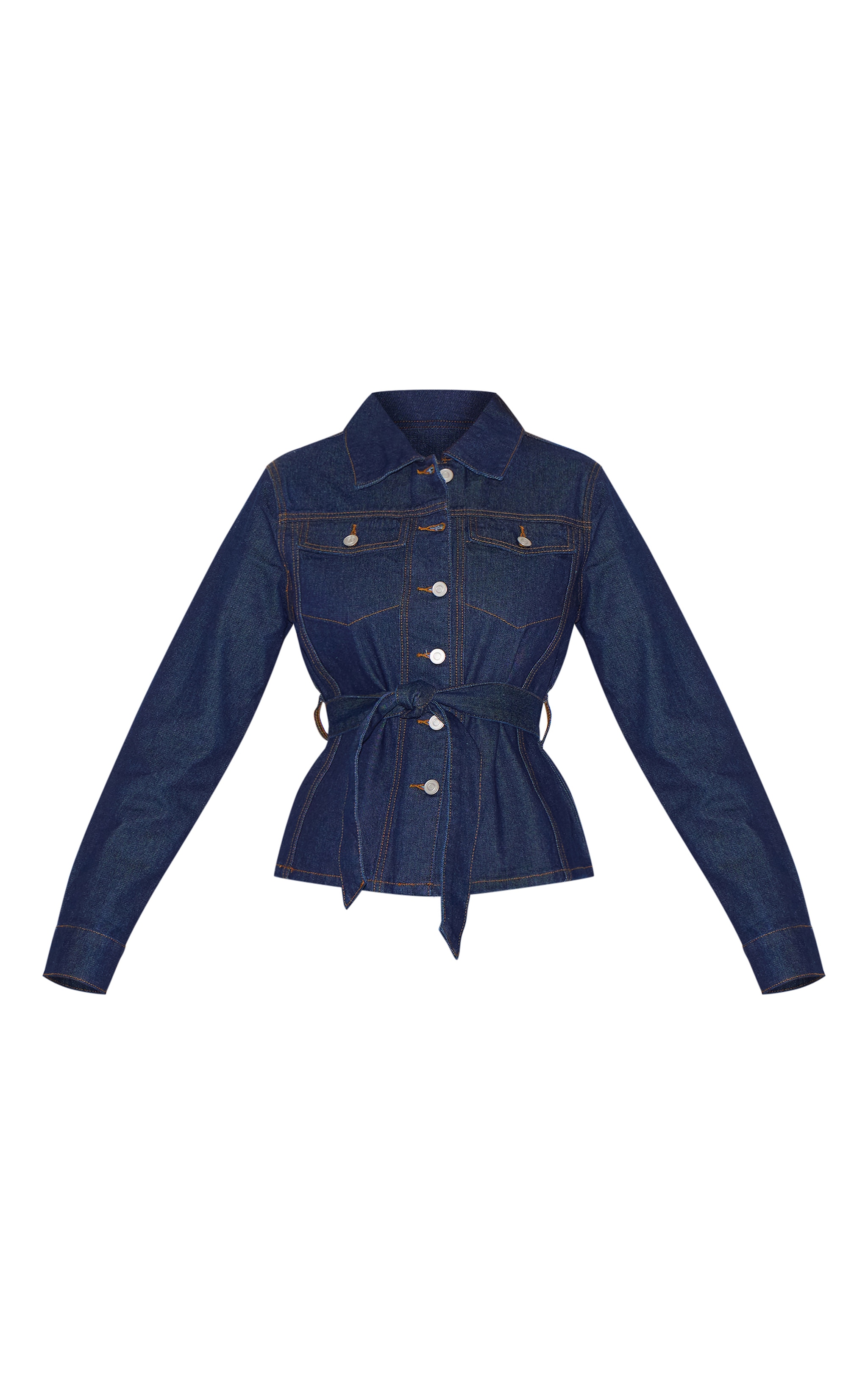 Indigo Contrast Stitch Cinched Waist Belted Denim Jacket