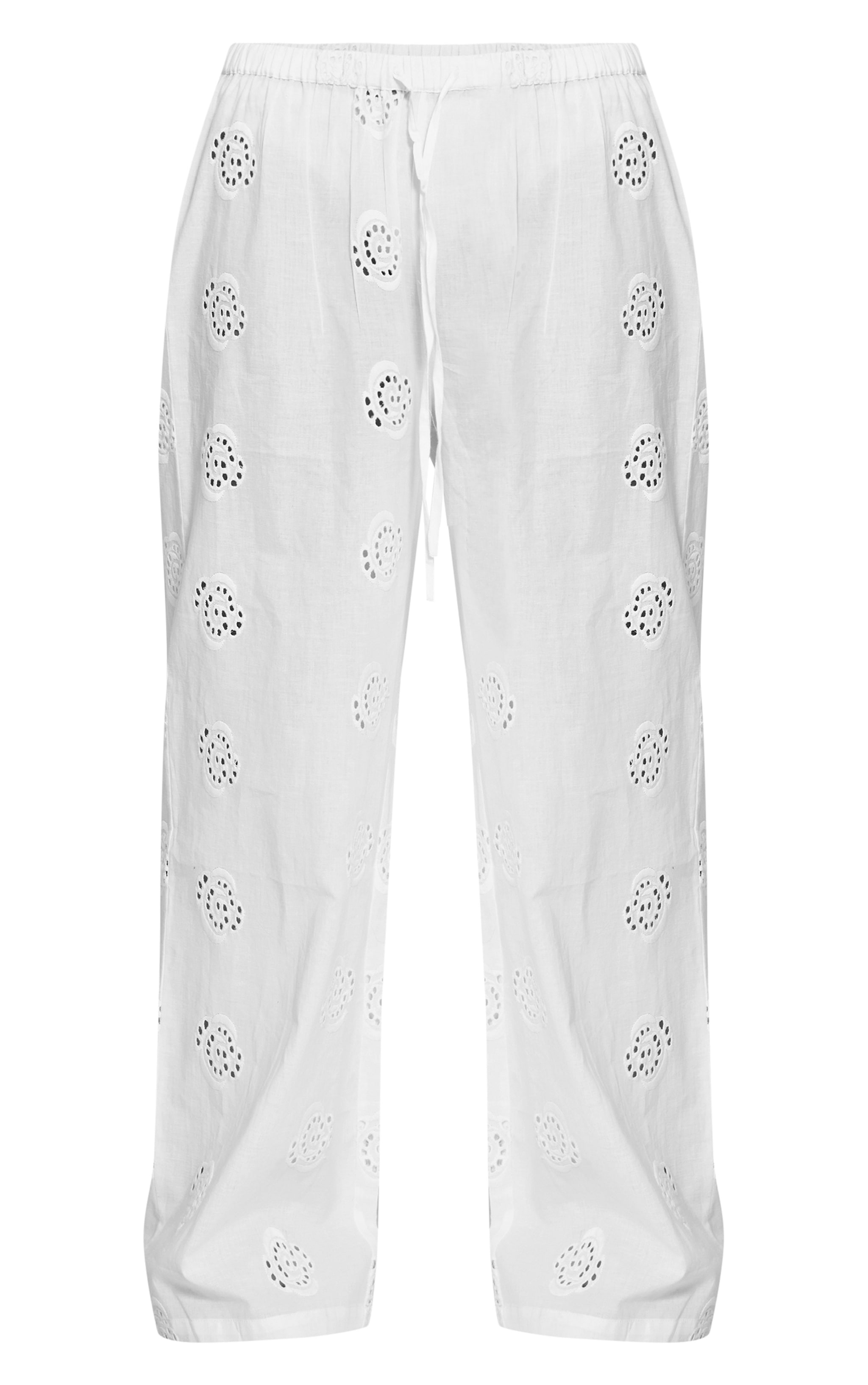 Petite White Linen Look Broderie Swirl Detail Straight Leg Pants image 5
