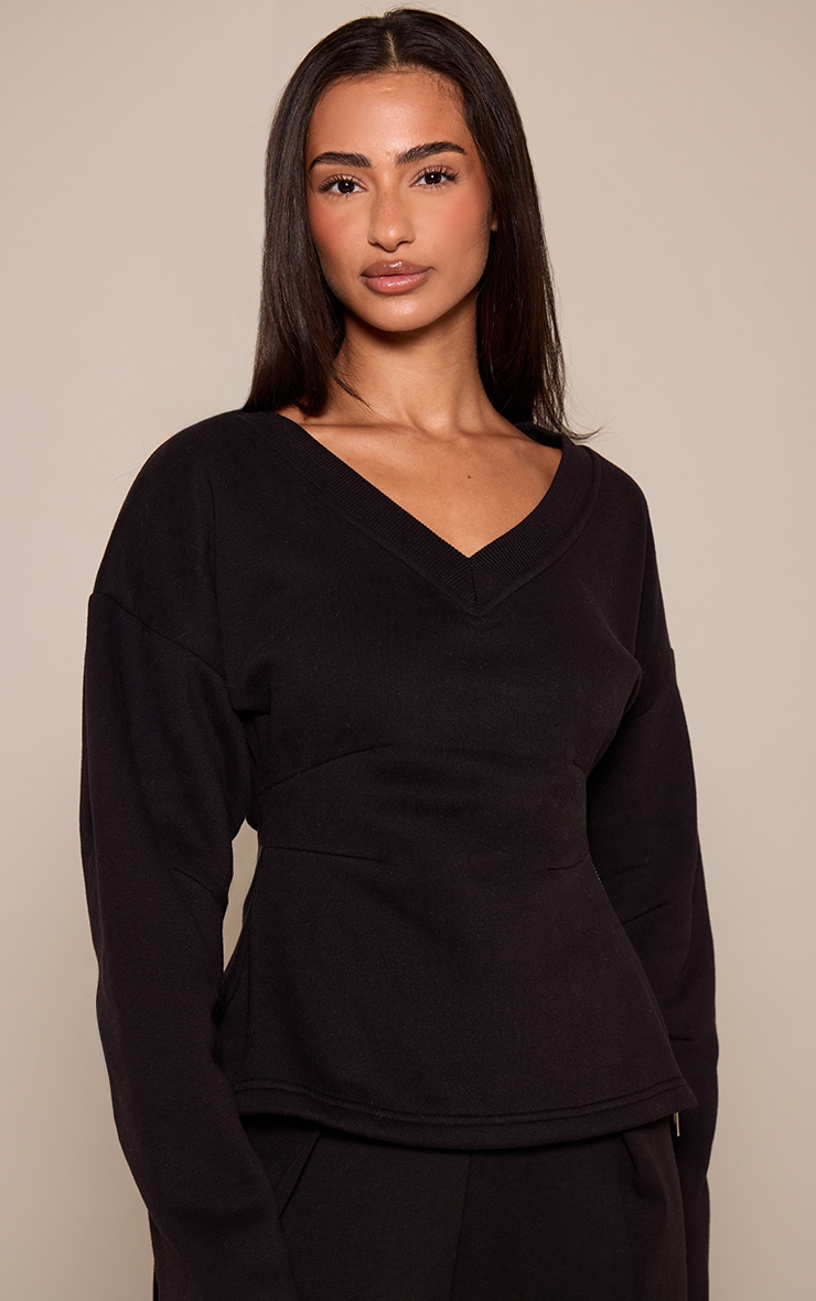Petite Black V Neck Cinched Waist Sweatshirt