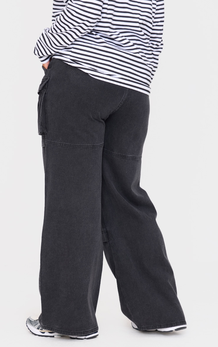 Plus Washed Black Cargo Wide Leg Denim Jeans image 3