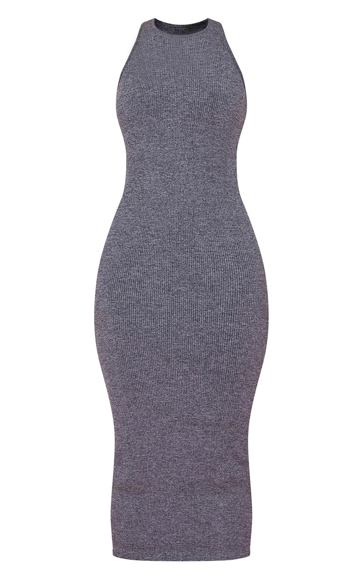 Grey Marl Structured Snatched Rib Racer Neck Midaxi Dress image 5