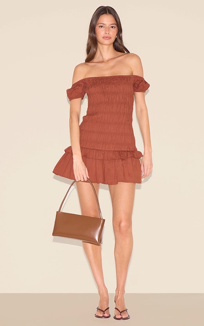 Chocolate Bardot Shirred Detail Shift Dress
