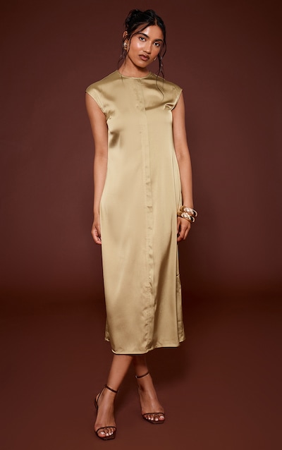 Olive Satin Cap Sleeve Shift Dress