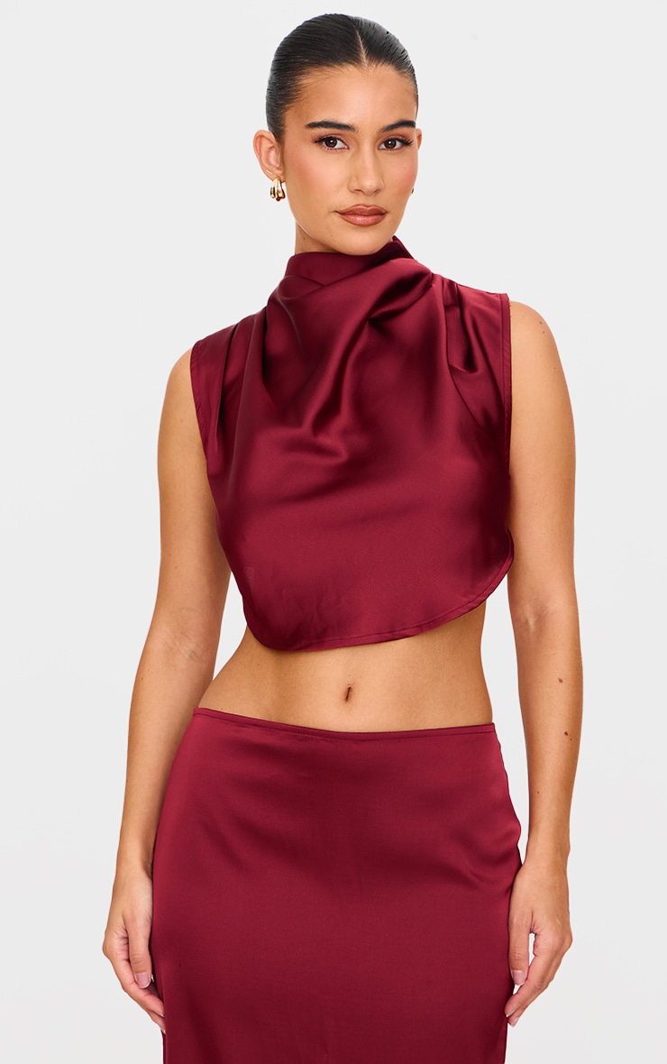 Burgundy Satin High Neck Tie Back Crop Top image 1