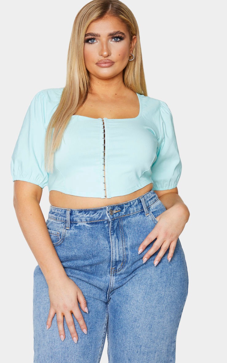 Plus Mint Stretch Hook And Eye Puff Sleeve Crop Top