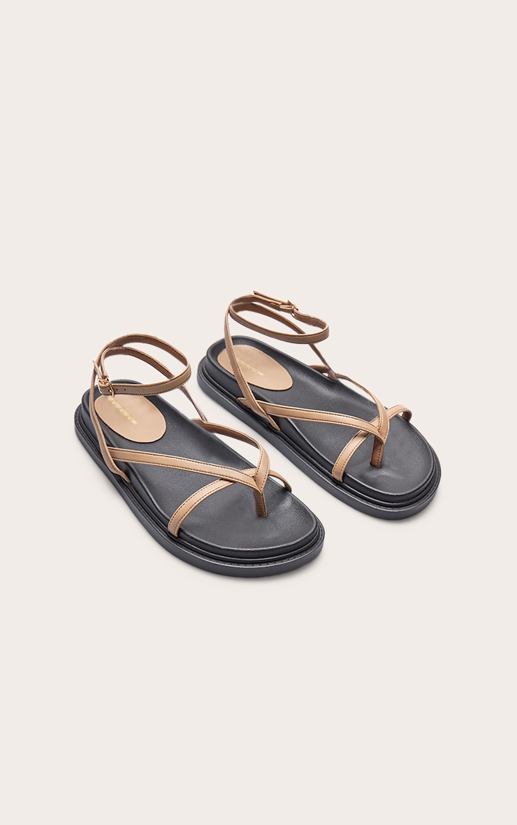 Beige Pu Round Toe Thong Footbed Ankle Strap Flat Sandals image 3