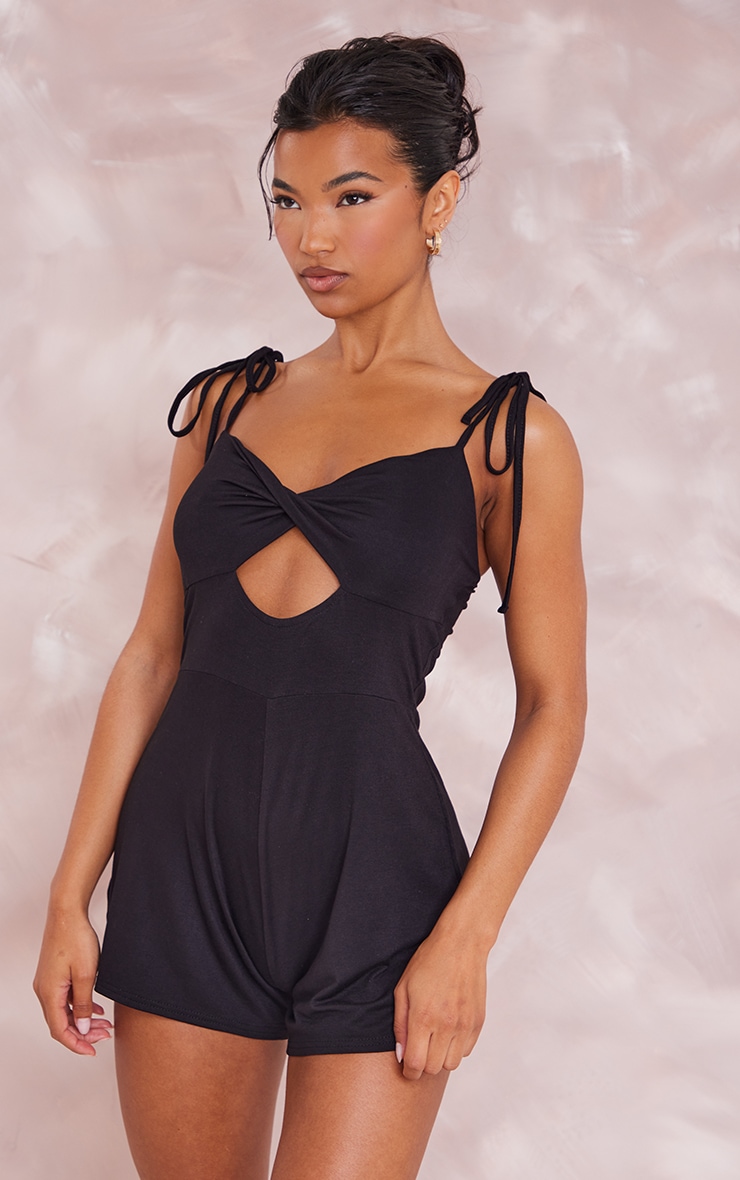 Black Jersey Keyhole Cut Out Tie Strap Romper image 3