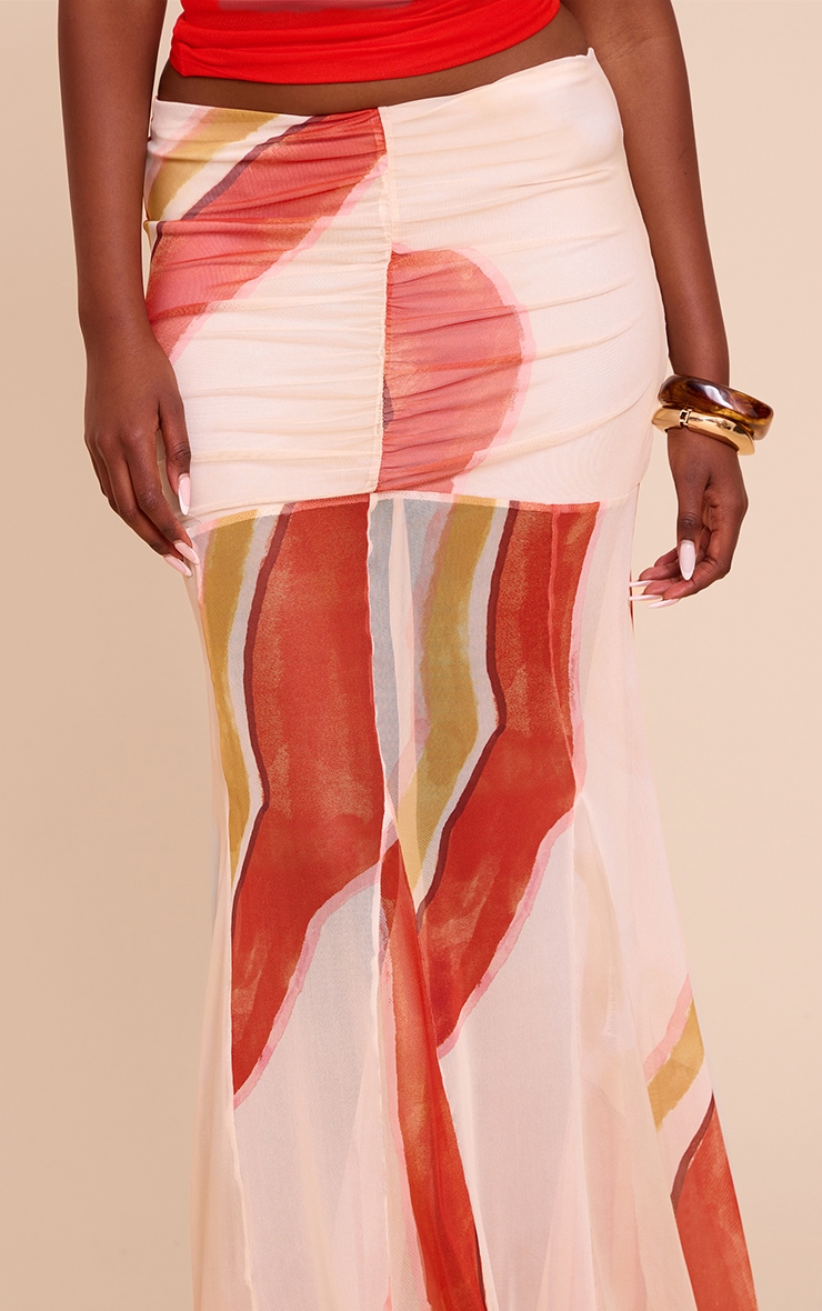 Beige Printed Mesh Overlay Maxi Skirt image 4