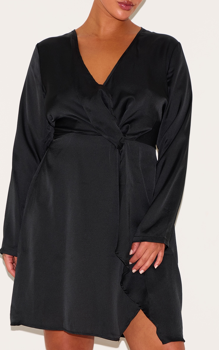 Plus Black Satin Long Sleeve Wrap Dress image 4