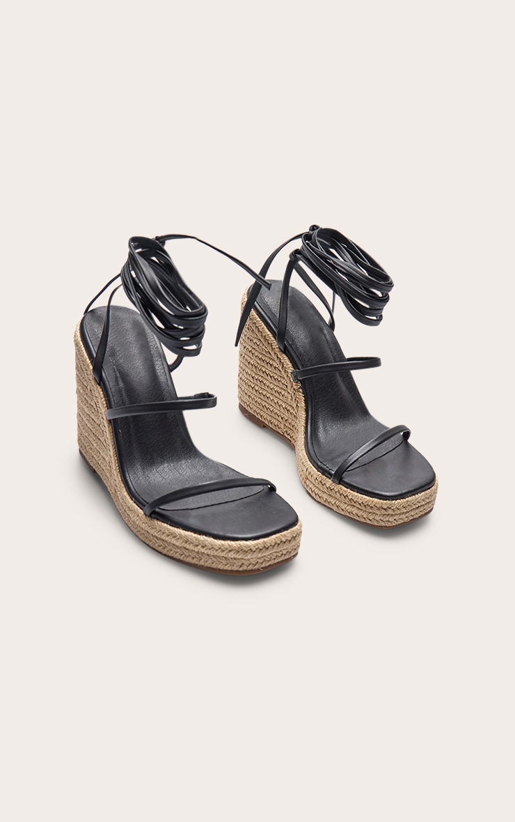 Black Pu Square Toe Espadrille Lace Up High Heeled Wedges image 3