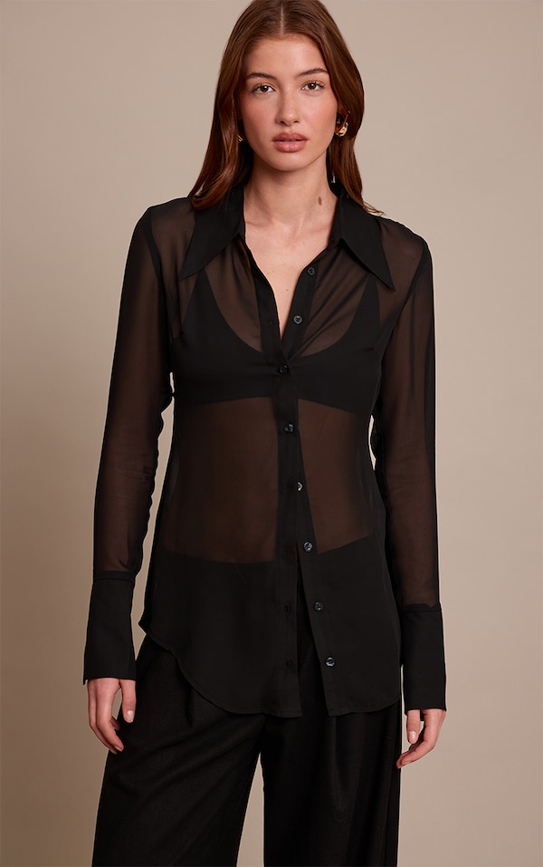 Black Chiffon Oversized Collar Button Down Fitted Shirt