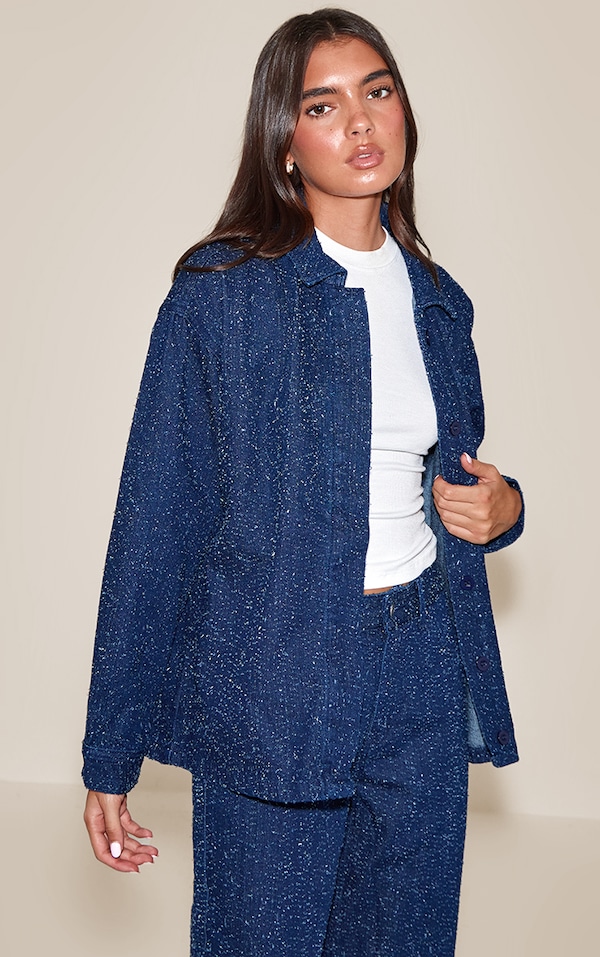 Dark Blue Boucle Denim Concealed Placket Oversized Shirt