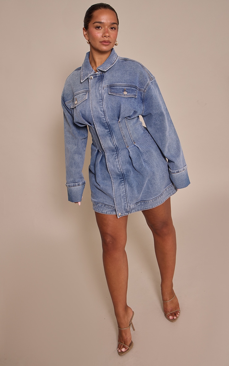 Shape Mid Blue Wash Stretch Denim Cinched Waist Mini Dress image 3