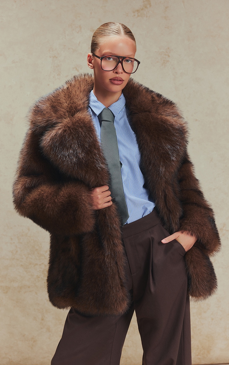 Brown Oversized Midi Faux Fur Coat image 1
