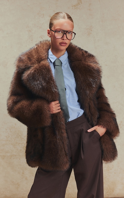 Brown Oversized Midi Faux Fur Coat