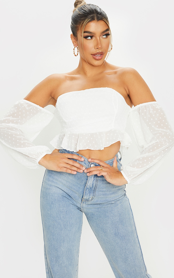 White Dobby Mesh Bardot Frill Hem Crop Top | PrettyLittleThing