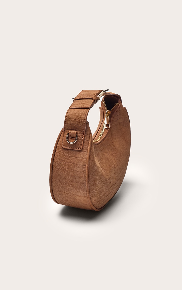 Tan Faux Suede Croc Crescent Shoulder Bag image 3