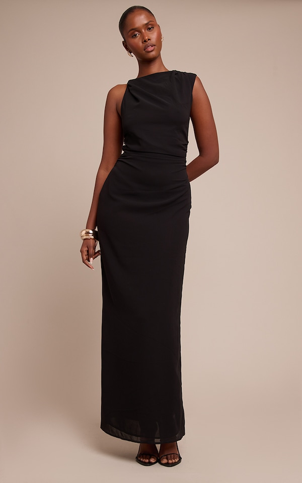 Black Chiffon Ruched Maxi Dress