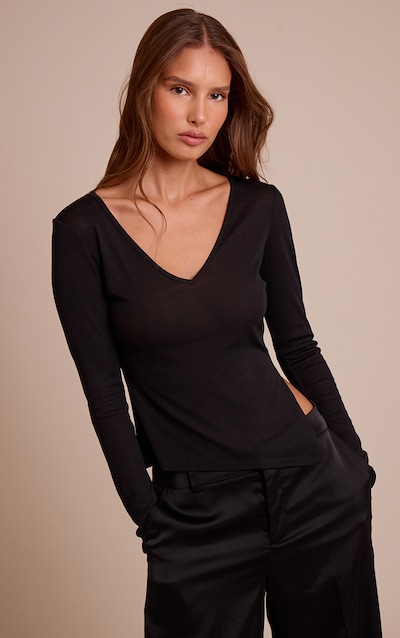 Black Burnout Mesh V Neck Long Sleeve Top
