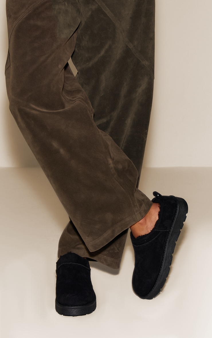 Black Fluffy Lined Platform Slip On Flats image 1