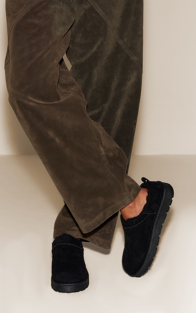 Black Fluffy Lined Platform Slip On Flats