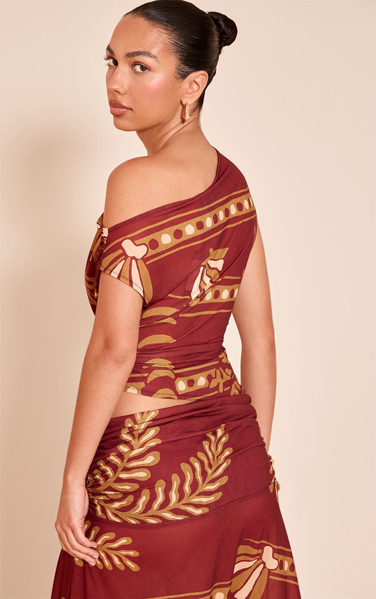Rust Palm Print Chiffon Ruched Asymmetrical Crop Top image 2